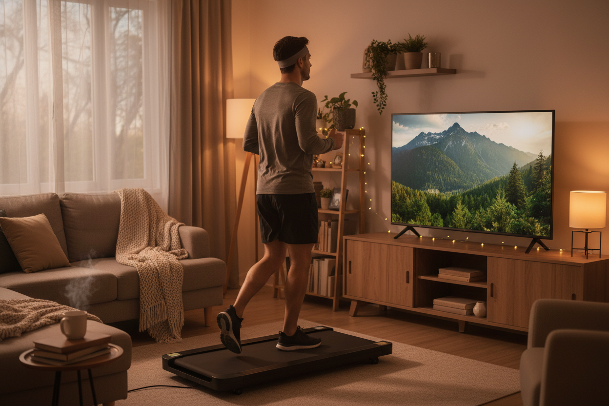 A man on a walking pad smart tradmill at home on a cozy day watching TV, he is on the treadmill jogging infront of the TV facing the TV and the treadmill is also facing the TV. It is a black treadmill and there is no handrail. They are facing towards the right of the picture but we can see mostly the man's back.
