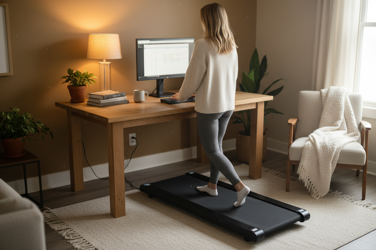 Treadmill with no handles facing desk